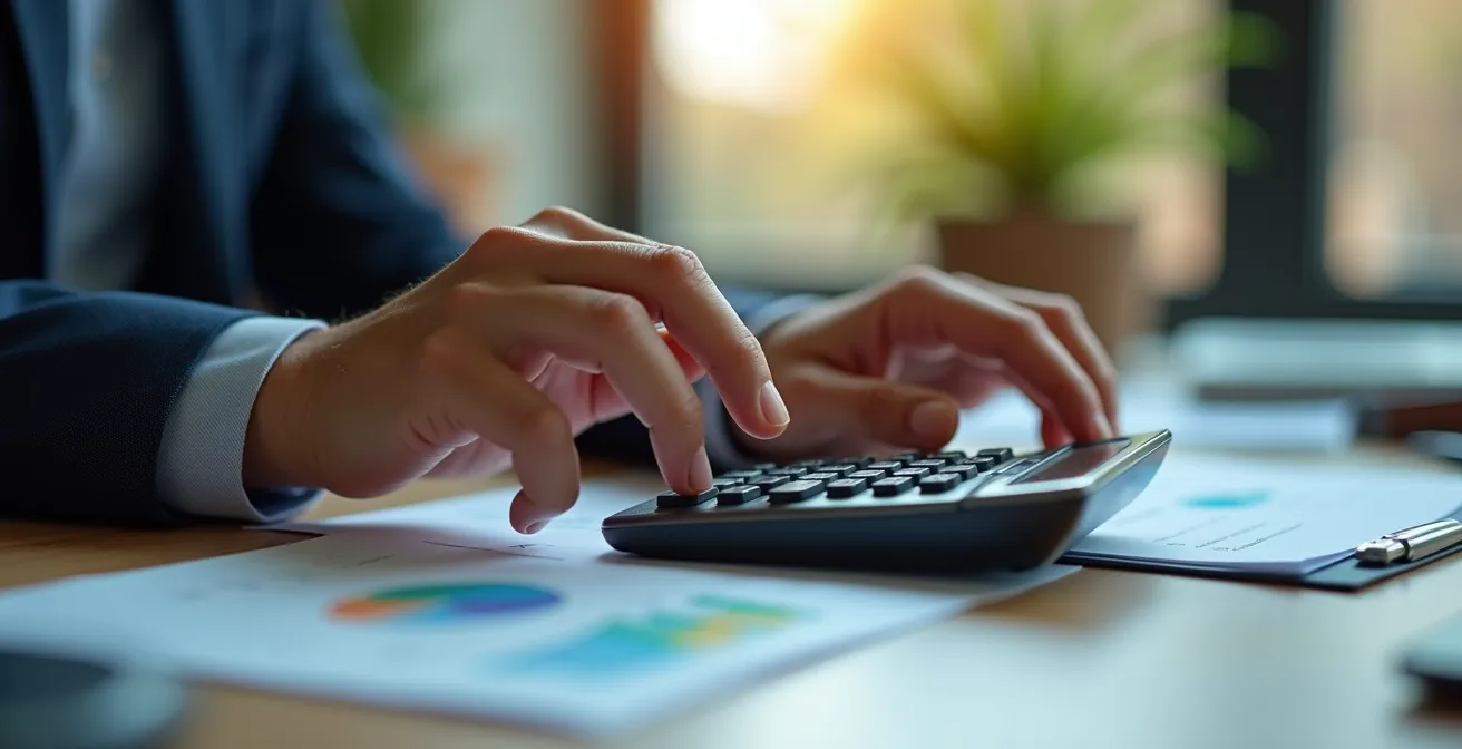 Gros plan sur des mains manipulant une calculatrice avec documents financiers