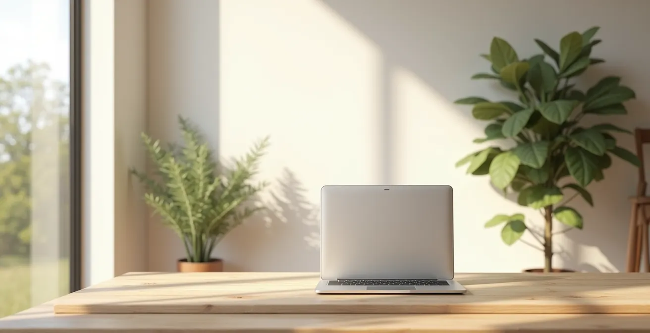 Espace de travail contemporain minimaliste avec grande baie vitrée et architecture épurée