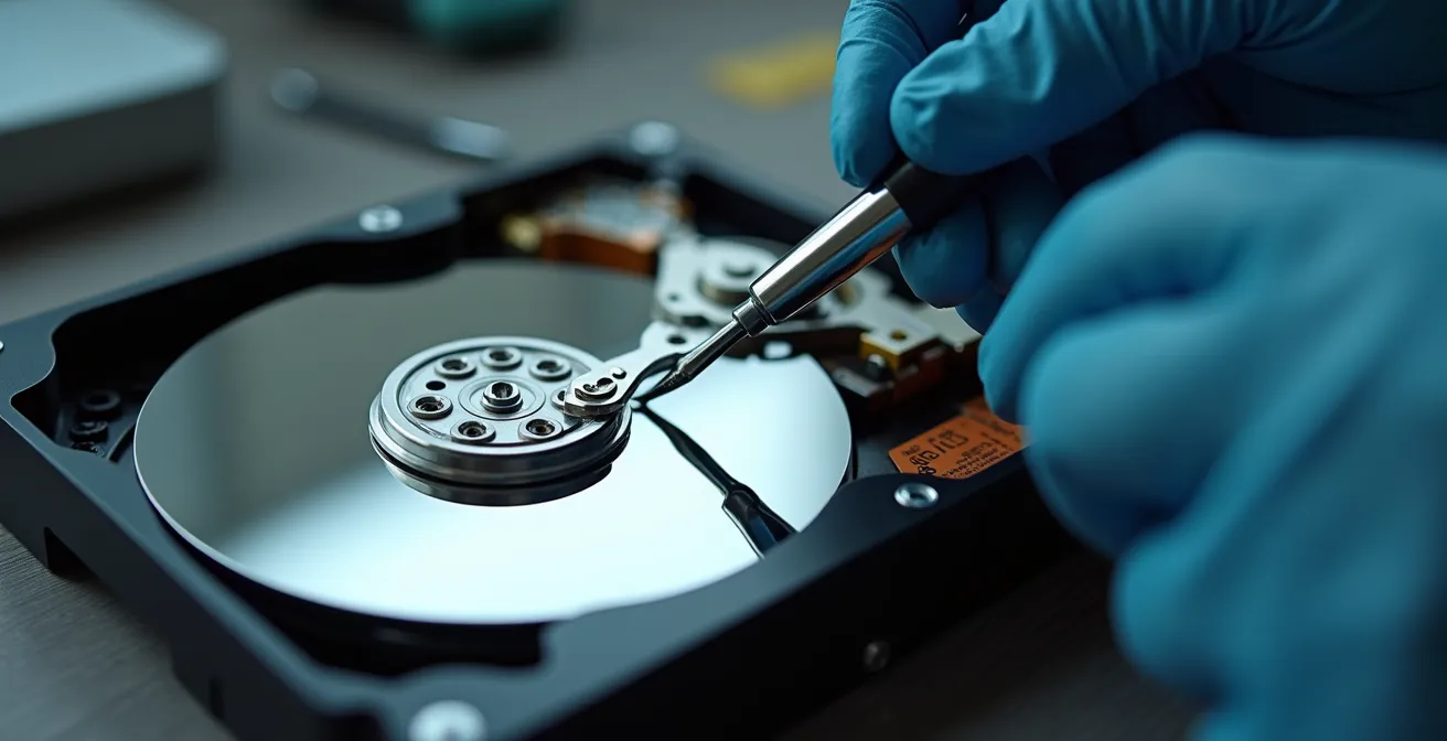 Gros plan sur une main professionnelle examinant un disque dur défectueux avec des outils de précision