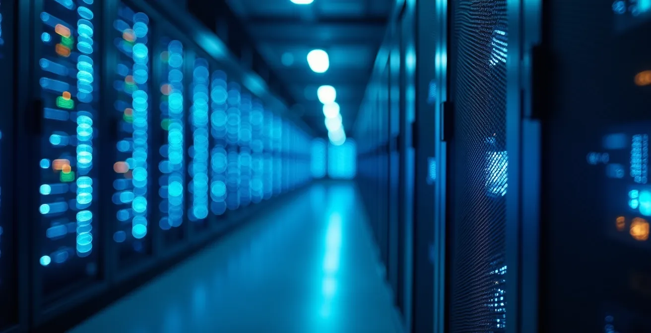 Illustration d’une infrastructure informatique moderne avec serveurs et flux de données optimisés