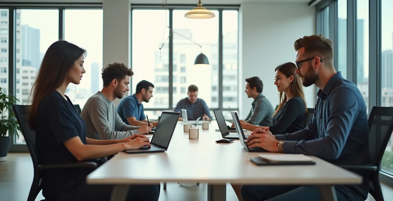 Vue d'ensemble d'un bureau moderne de PME avec équipement technologique