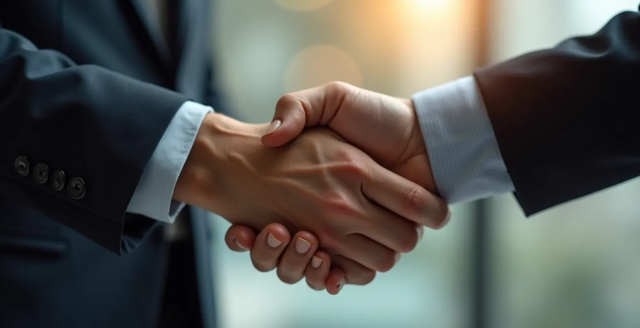 Poignée de main entre deux professionnels symbolisant un accord de partenariat