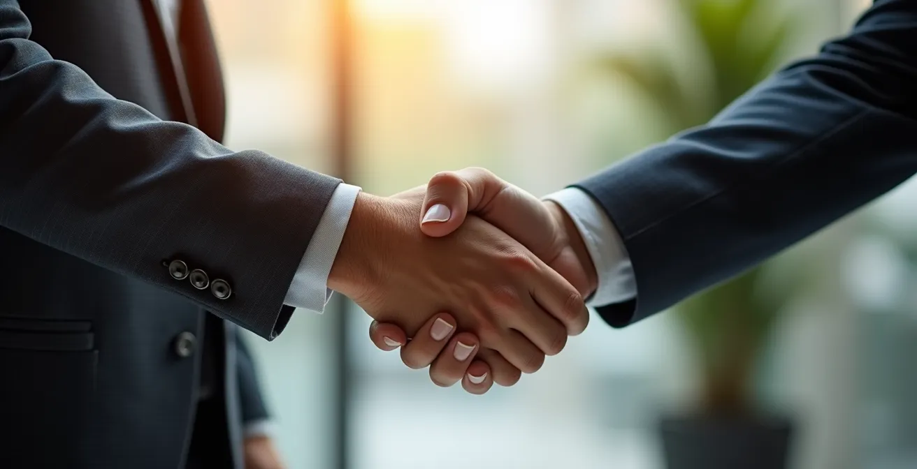 Poignée de main professionnelle symbolisant un partenariat de confiance dans un environnement d'affaires contemporain