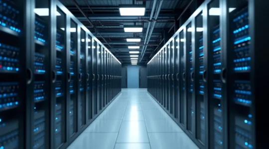 Datacenter sécurisé avec rangées de serveurs dans une ambiance professionnelle