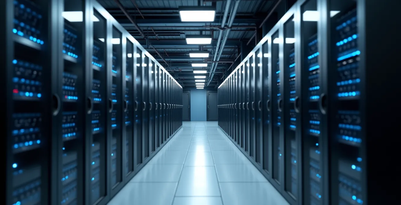 Datacenter sécurisé avec rangées de serveurs dans une ambiance professionnelle