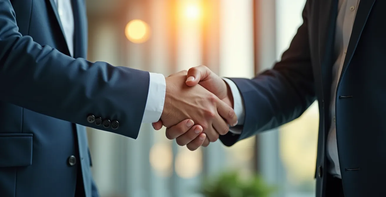 Illustration symbolique d'une poignée de main entre partenaires d'affaires, symbolisant la sélection d'un prestataire fiable