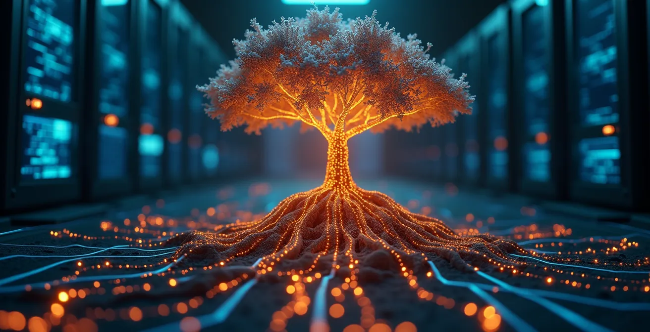 Illustration symbolique d’un arbre digital avec racines protégeant une infrastructure informatique