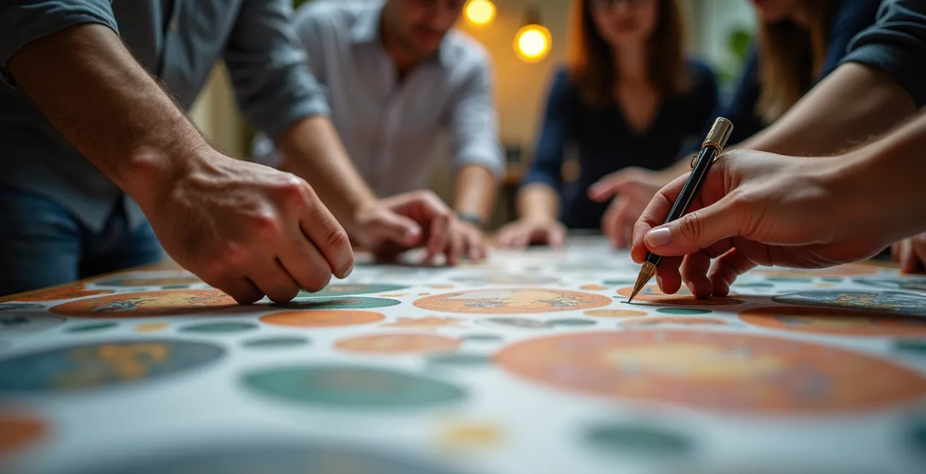 Gros plan sur des mains créatives travaillant ensemble sur une surface texturée