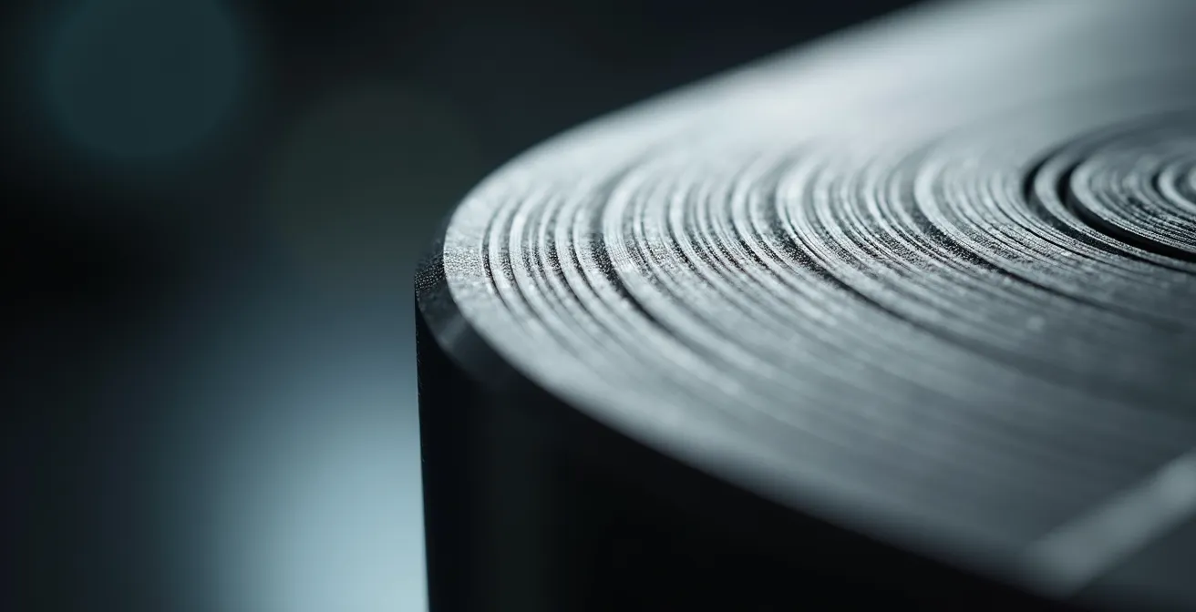 Vue macro d'une surface métallique brossée avec reflets lumineux