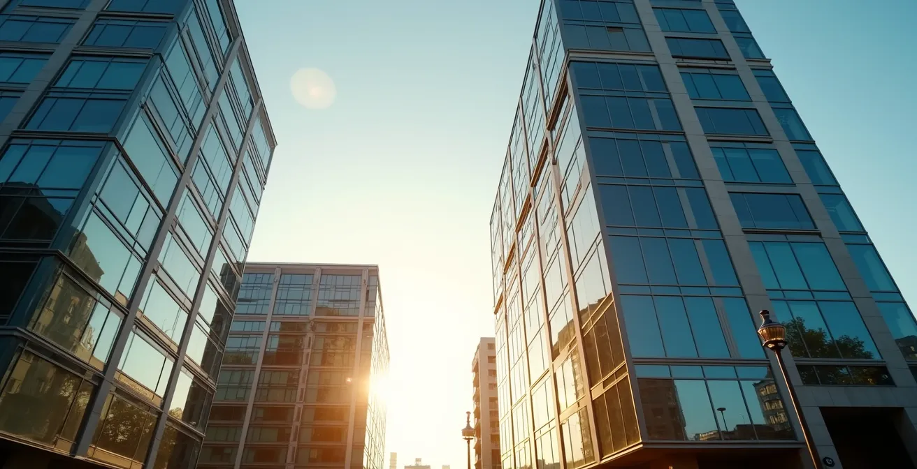 Architecture moderne d'un quartier d'affaires parisien avec reflets dorés au coucher du soleil
