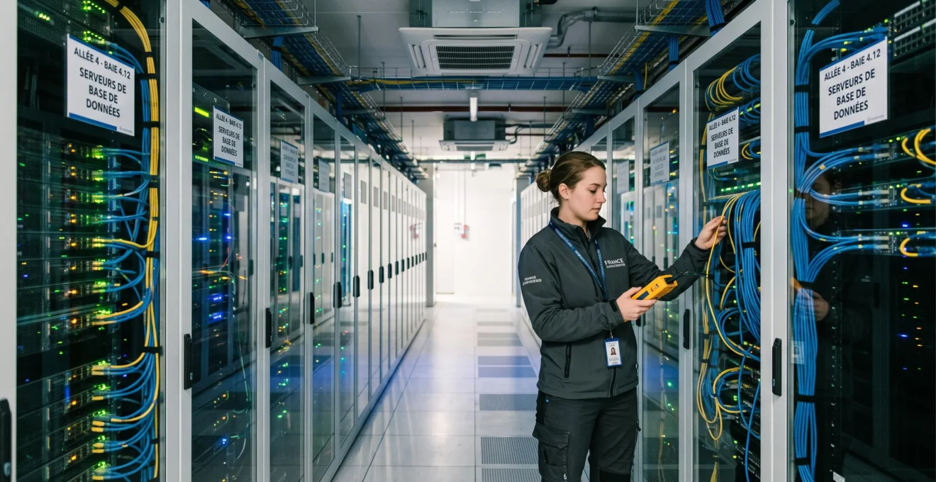 Technicien inspectant des serveurs dans un data center moderne avec rangées d'équipements et câblage structuré